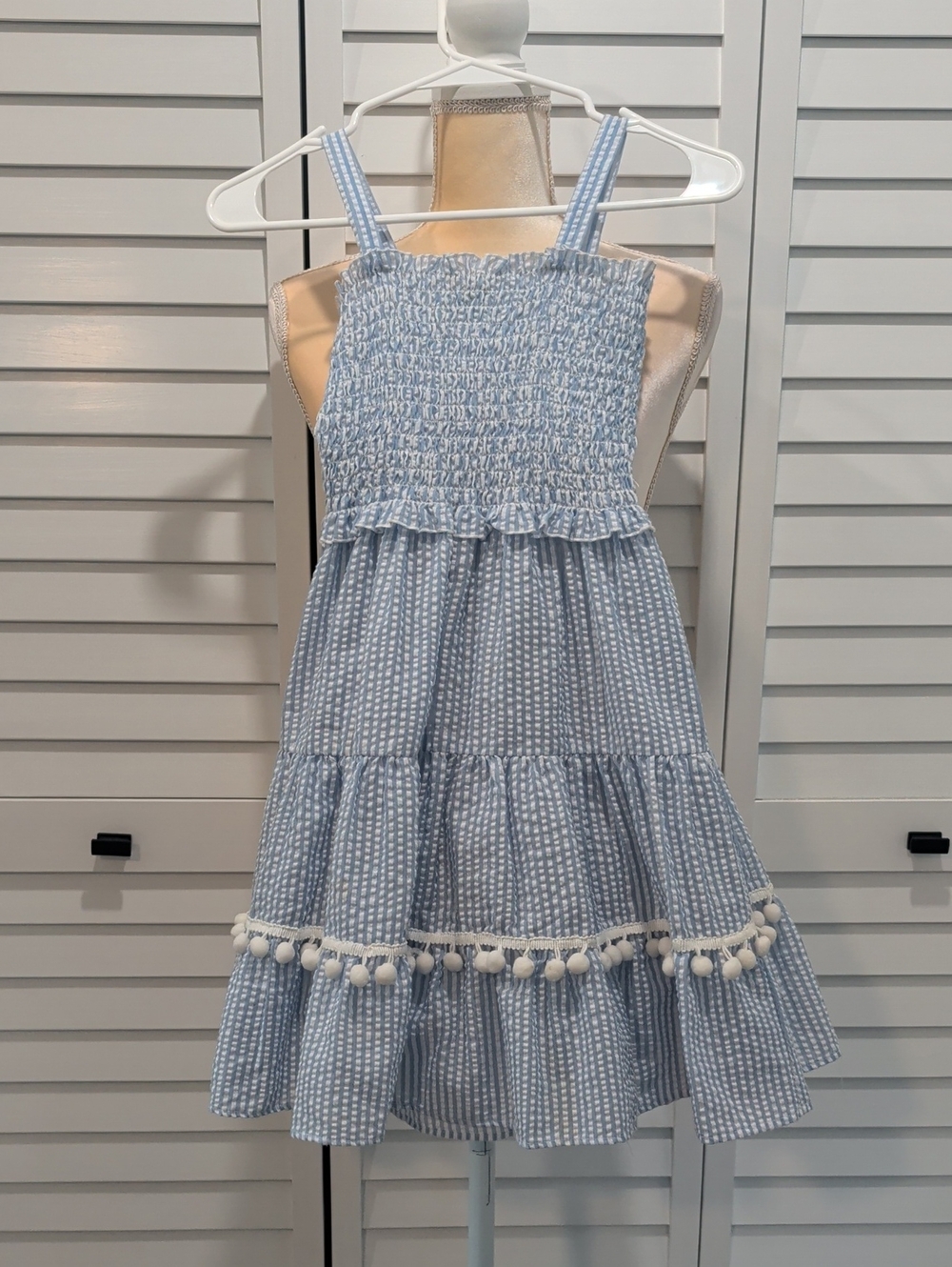 Light Blue Smocked Pom-Pom Tiered Girls' Dress